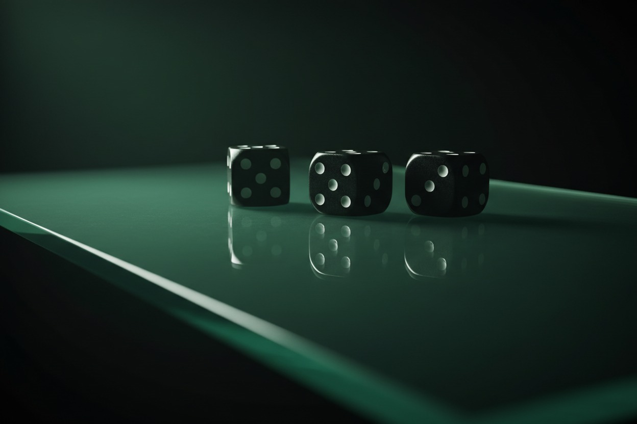Three black dice with white pips rest on a glowing green glass table against a dark background, casting clear reflections.
